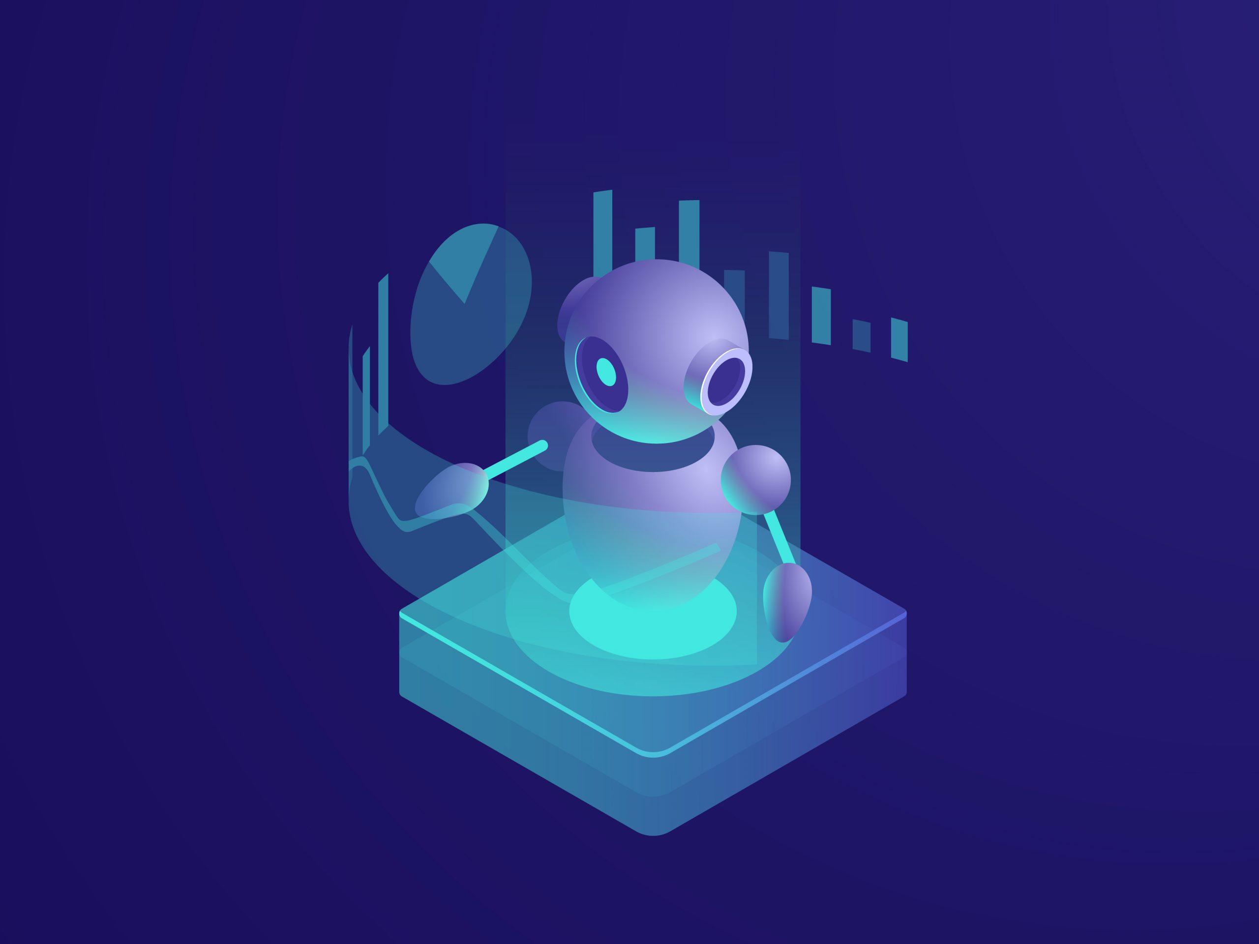 Program analyzing, ai robot, artificial intelligence automated process of data reporting, reading schedule, modern smart technologies in business isometric vector neon dark