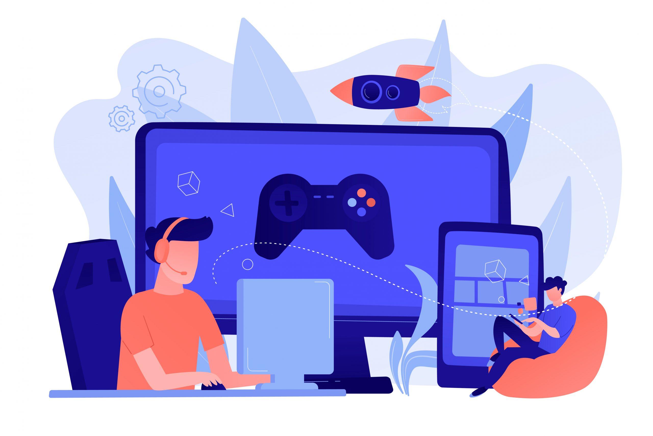 Gamers play video game on different hardware platforms. Cross-platform play, cross-play and cross-platform gaming concept on white background. Pinkish coral bluevector isolated illustration