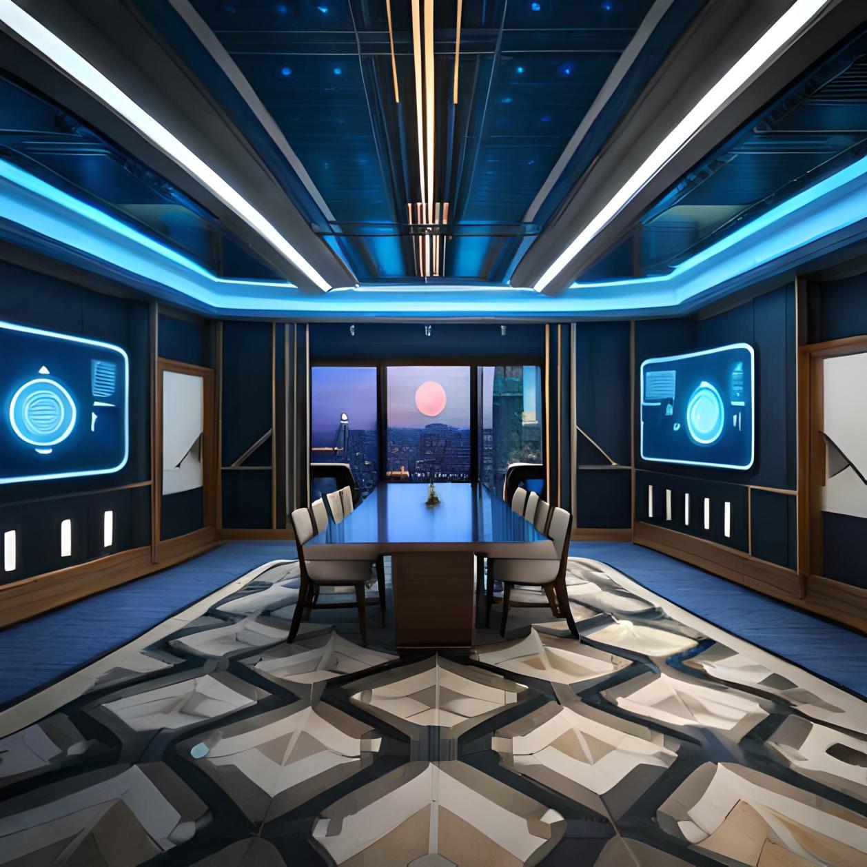 A vibrant, futuristic virtual reality escape room set in a sprawling high-tech cityscape. The room should be filled with intricate puzzles, high-tech gadgets, and immersive game elements. The walls should be adorned with holographic displays, showcasing mysterious symbols and clues. The ceiling should be adorned with a realistic starry night sky, giving the impression of being outdoors. The floor should have a sleek, glossy finish that reflects the city lights, adding to the futuristic atmosphere. The room should have a sense of depth and scale, with multiple layers and hidden compartments. The lighting should be dynamic, with a mix of neon colors and subtle shadows, creating a visually stunning environment. The overall ambiance should be both captivating and challenging, leaving the player eager to explore and solve the puzzles within the virtual reality escape room.