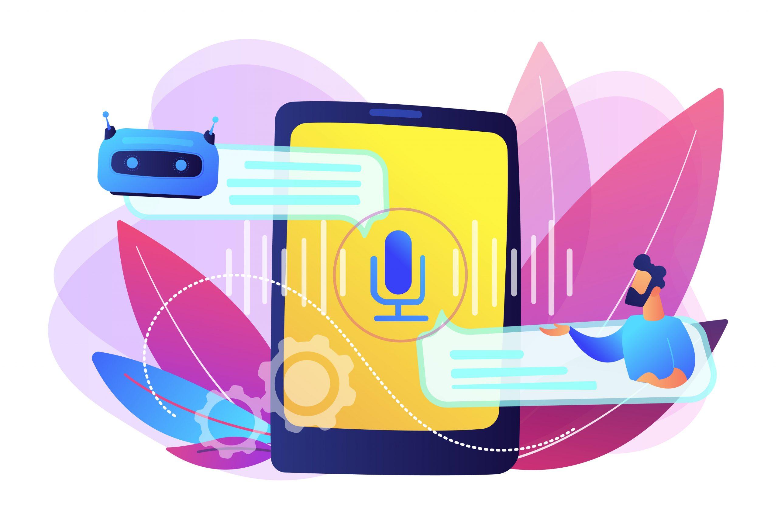 Businessman communicates with chatbot with voice commands. Voice controlled chatbot, talking virtual assistant, smartphone voice application concept. Bright vibrant violet vector isolated illustration