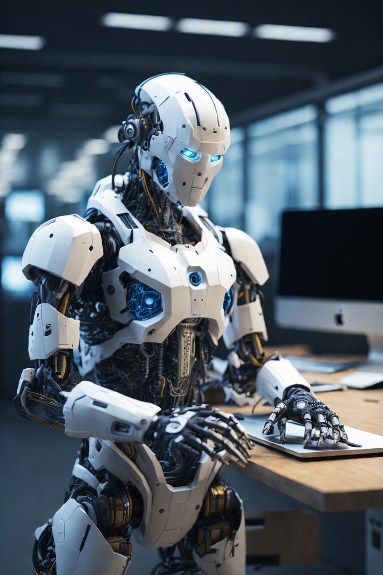 Depict an ultra realistic AI-powered robot or computer assisting various project scenarios, such as content creation, design, research, and more. Show how GPT-4 can amplify productivity and creativity in these tasks.